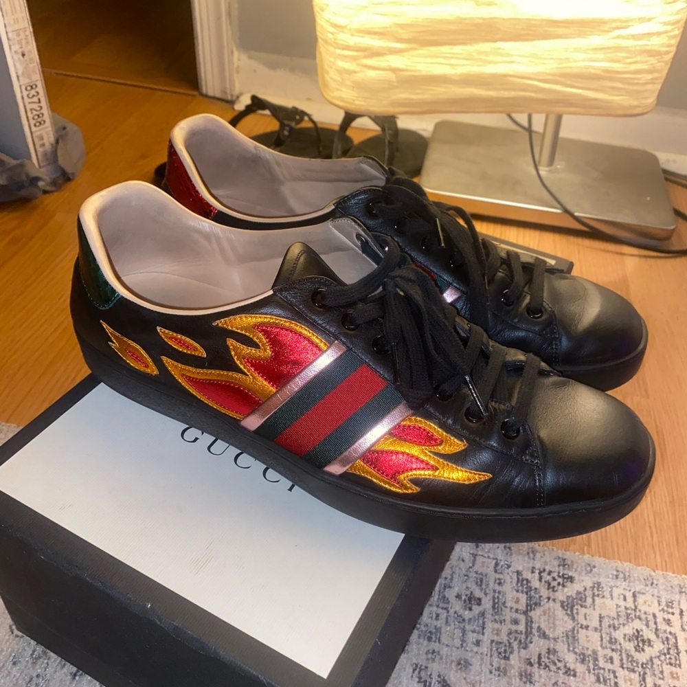 Gucci Ace Flame Black Leather Sneakers Men's Size 11